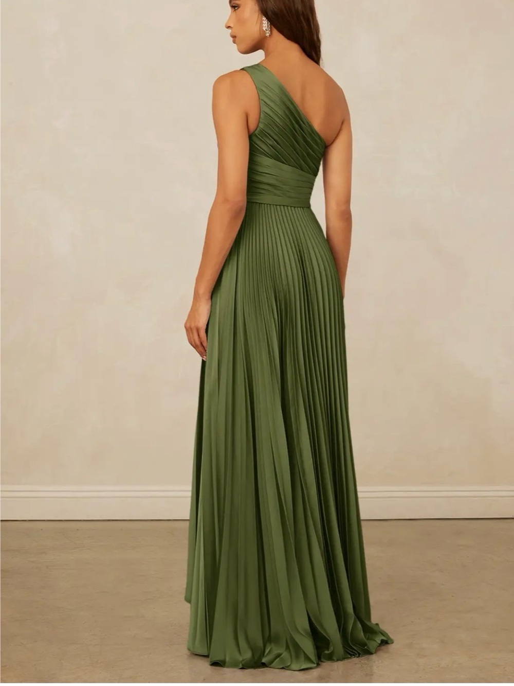 Christian Siriano Olive Green One-Shoulder Pleated Maxi Gown - Picture 4 of 7